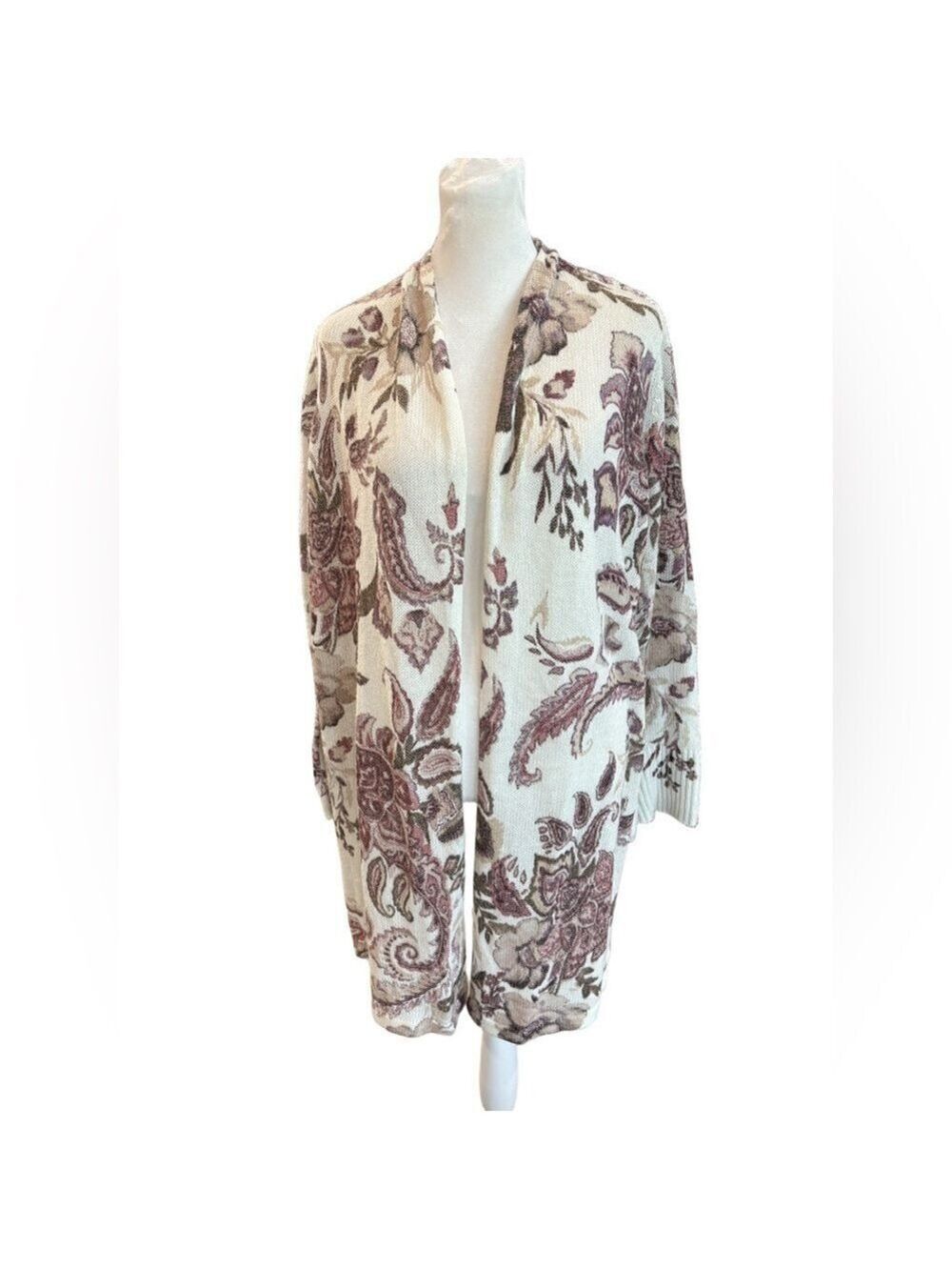 Chico’s Size 2/L long open front cardigan paisley autumn lightweight